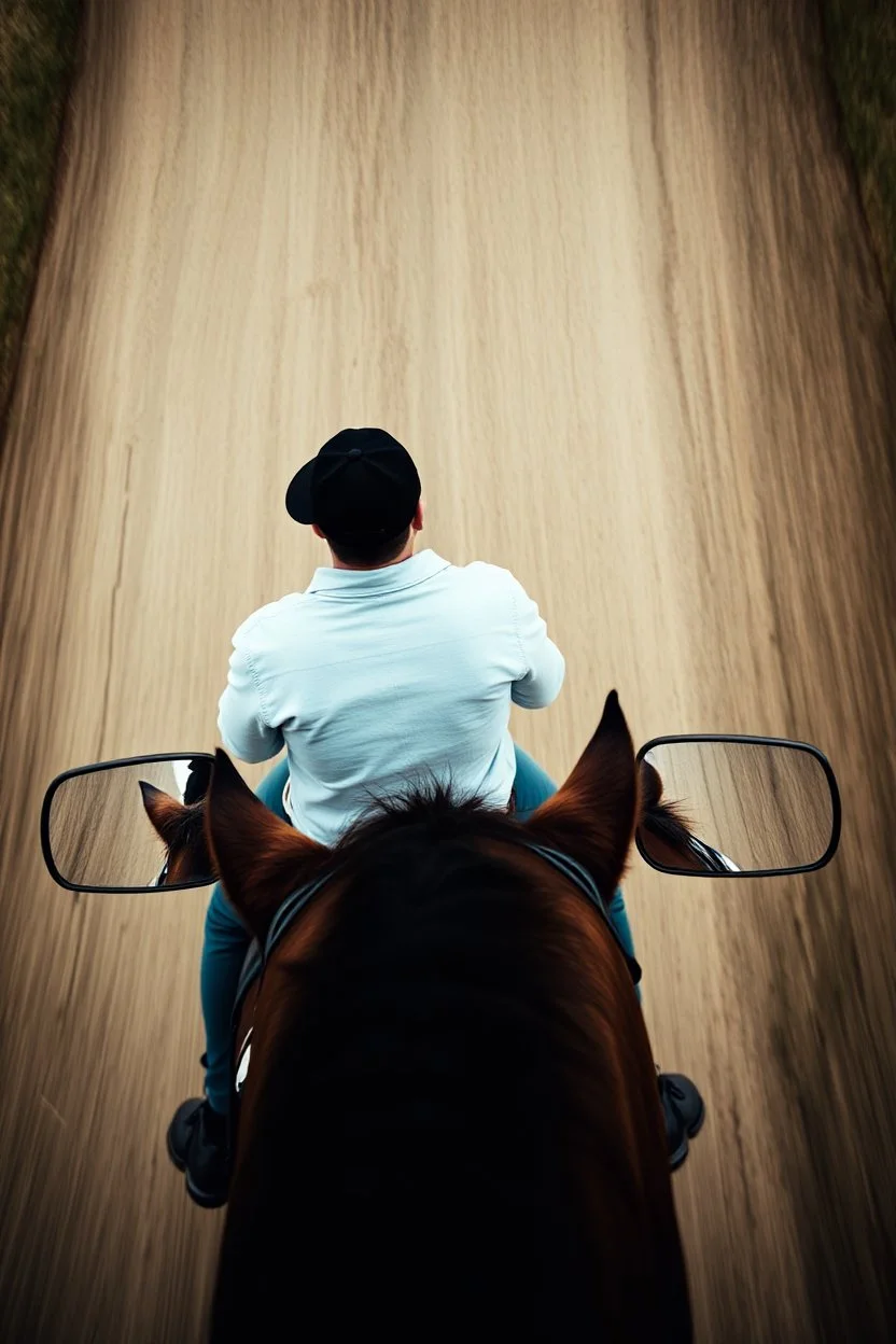 A man on horseback, top view, two car side mirrors are fixed on the horse sides