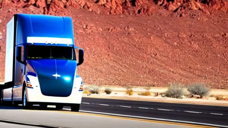A Tesla semi-truck is racing at top speed, by the 'Lake Mead', in Nevada. CINEMATIC. WIDE ANGLE LENS.