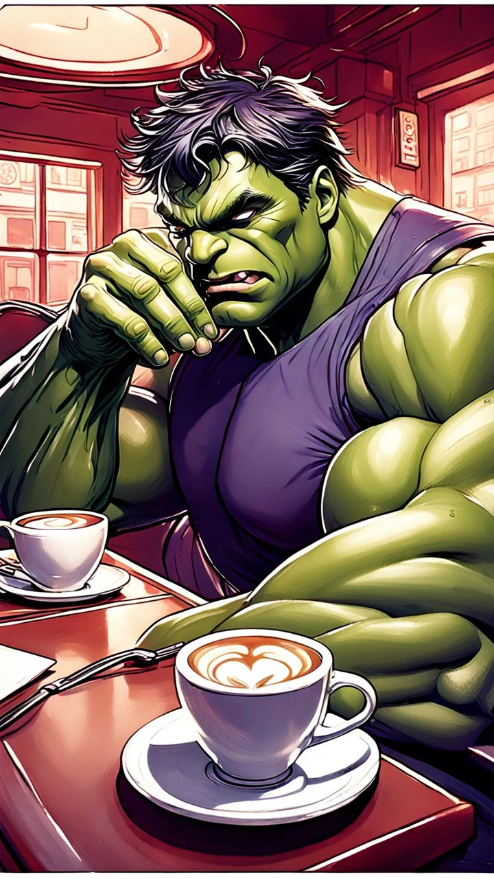 Artgerm, hulk sitting at a cosy diner, having a coffee, vain attitute, serenity, detailed, 8k, q2