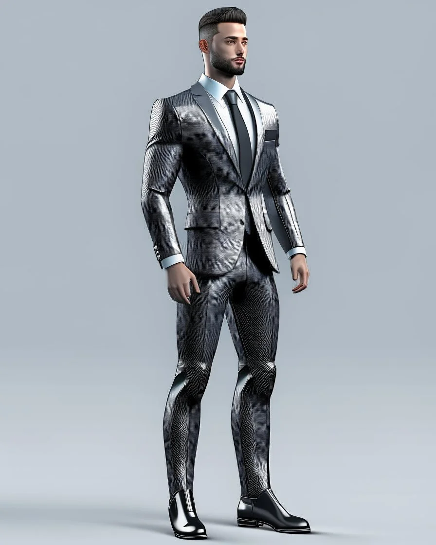 Hombre con traje y corbata moda futurista elegante, color gris, calidad ultra, hiperdetallada, 12k, full body