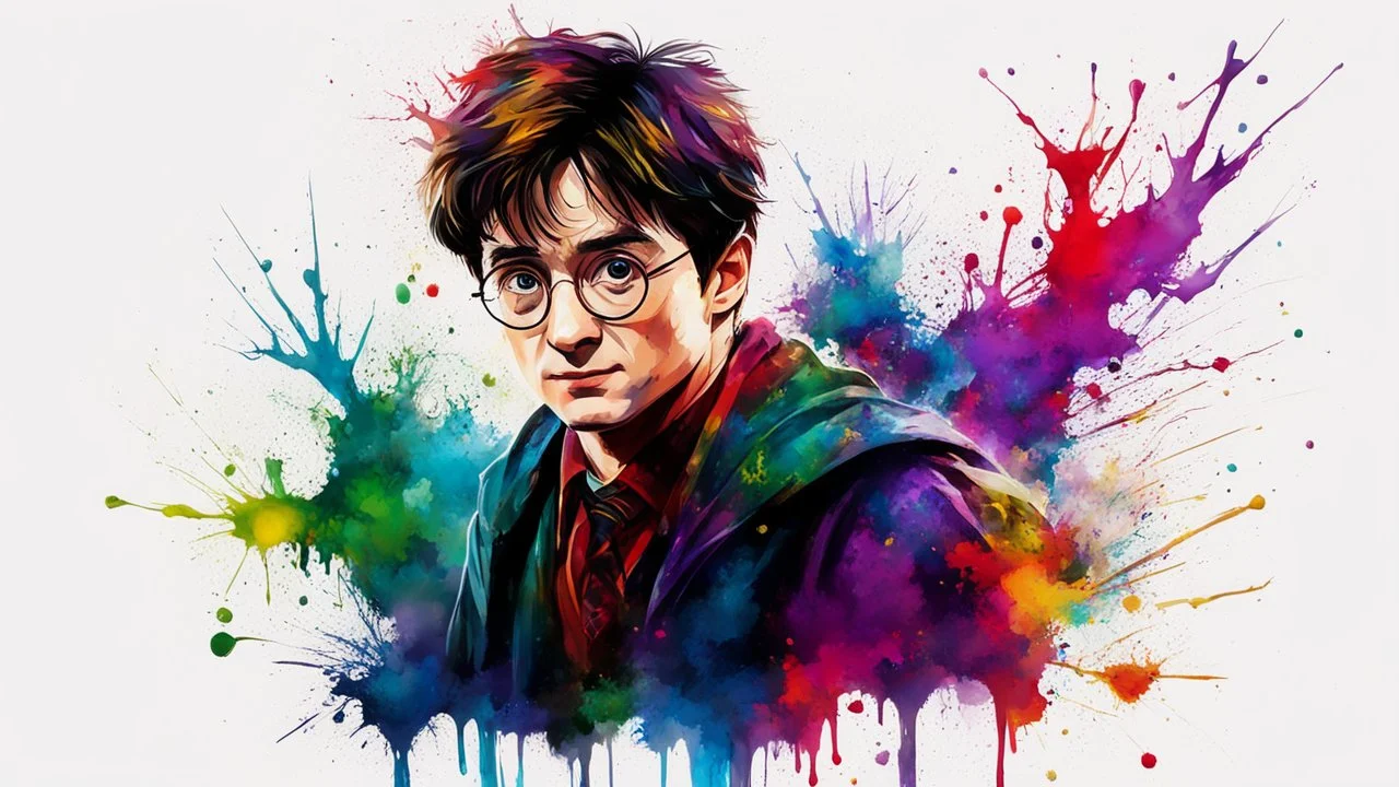 modern colored oil style of Harry Potter, white background, color splashes