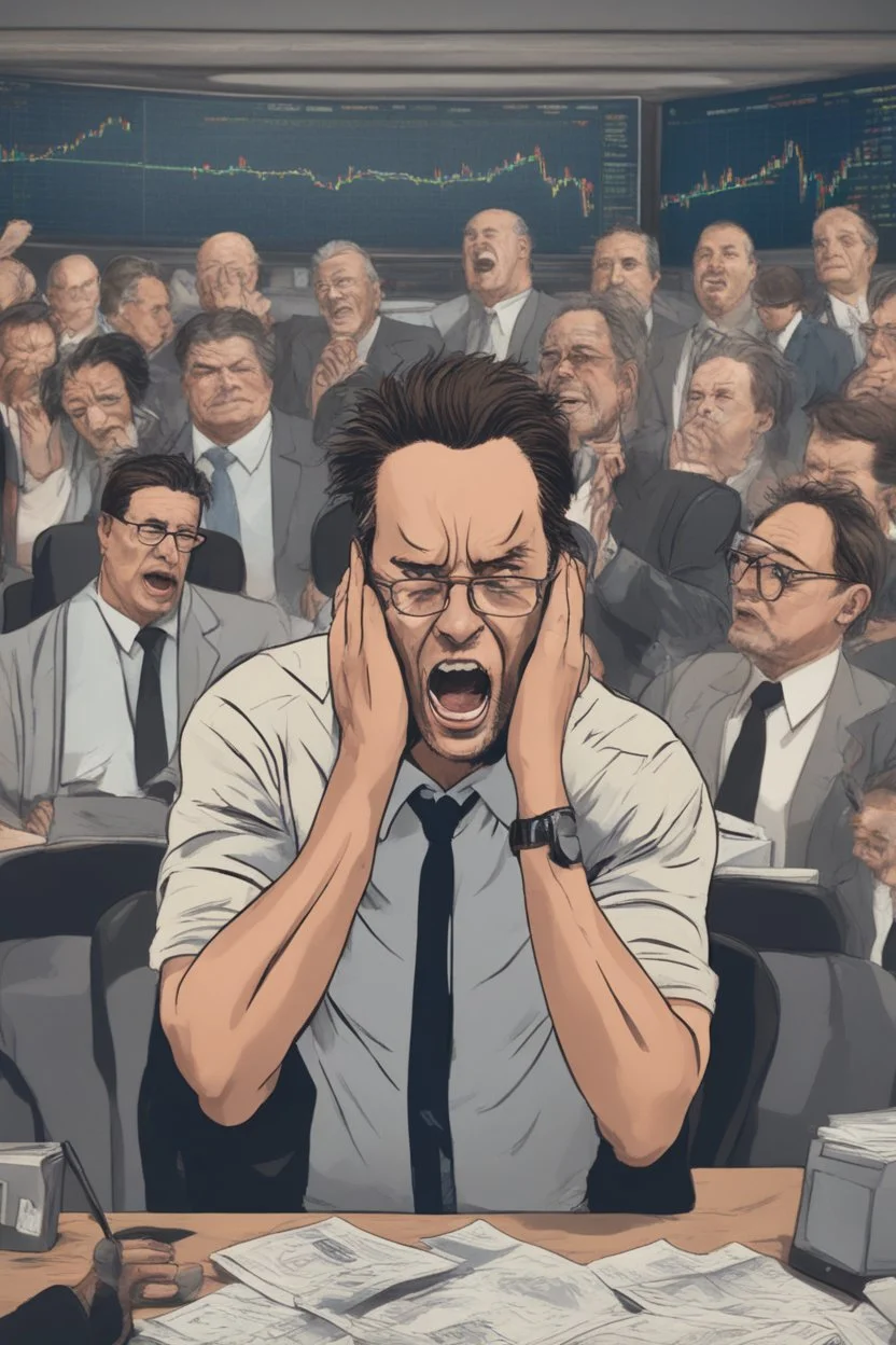 A stock market for ground image, highly realistic, a sudden drop or decrease of stocks, a guy in the background pulling out he's hair of frustration , realistic, 8k