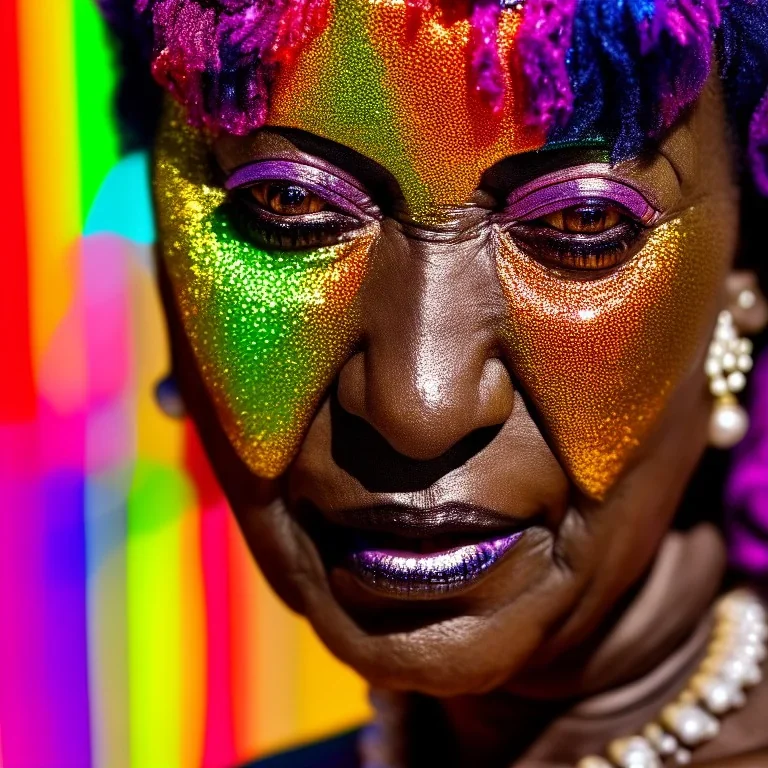 masterpiece, best quality, old woman, dark skinned, sparkling eyes, fluorescent skin, colorful makeup, afro, head shot, highly detailed body, sun light, 4K, RAW, depth of field, high contrast, realistic details, 24mm