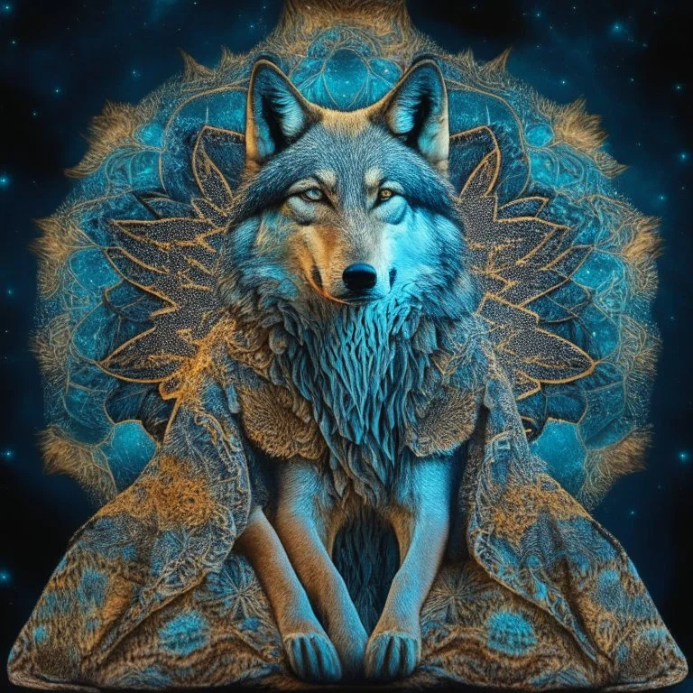 celestial psychedelic wolf made of fractals wearing a mexican jacket sitting on a giant mushroom in between stars, extatic, happy