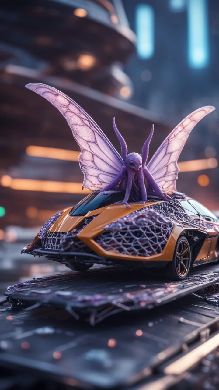 Illithid with snail butterfly wings frozen in net sitting on roof of a Lamborghini space ship, bokeh like f/0.8, tilt-shift lens 8k, high detail, smooth render, down-light, unreal engine, prize winning