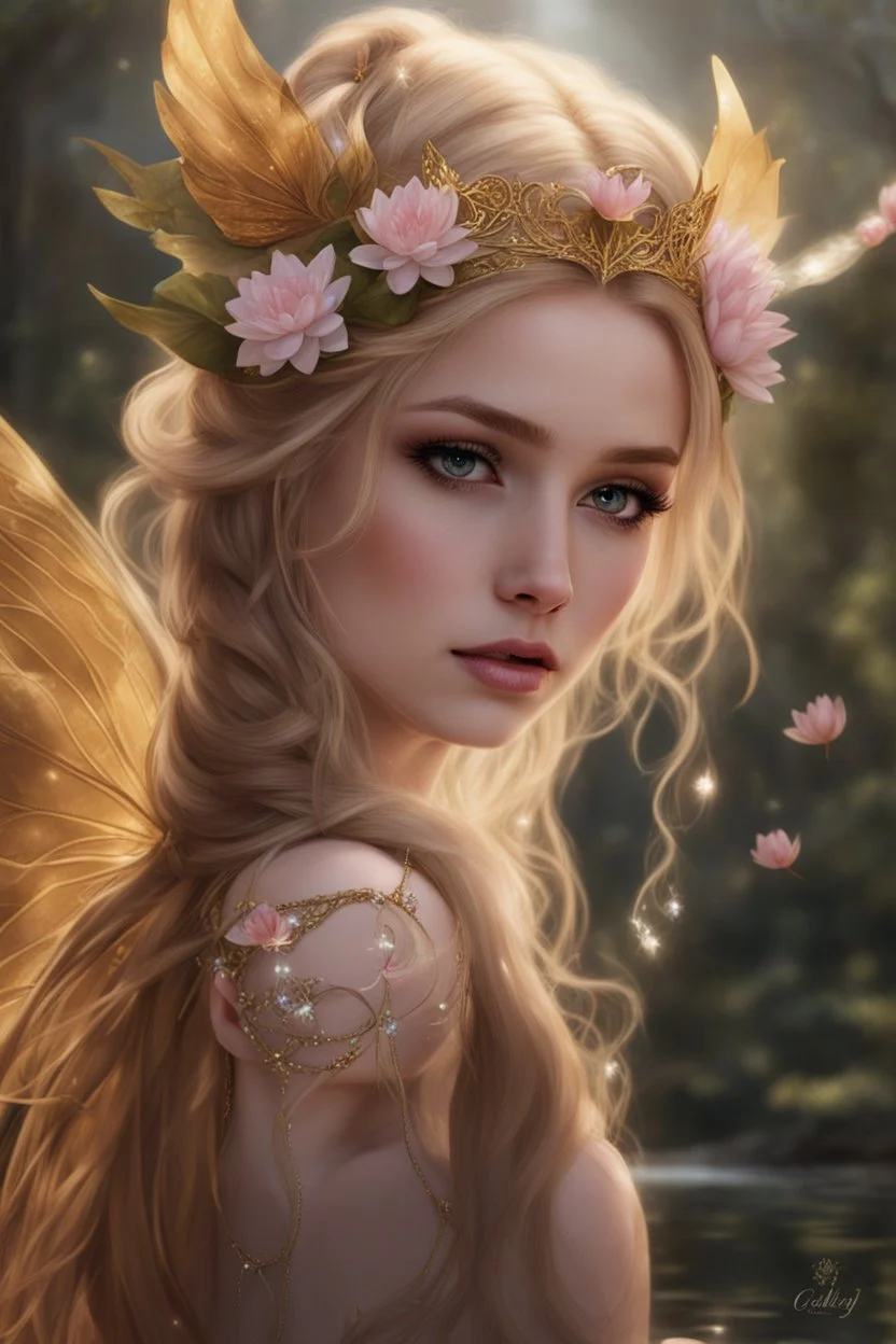 Pointed elven ears,Blonde hair ,Pink dress,Sparkling fairy wings,Very long golden hair,Fairy crown,pointed ears,elven ears,fairy wings,water lilies,sparkling,glittering,flowers,blossoms,golden crown,light pink dress