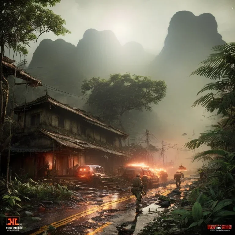 vietnam war. jungle. cd cover. bokeh. lens flare. warm lights. high detailed