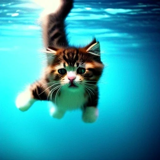 Cute fluffy kitty diving underwater in an ocean, lots of fishes, gorgeous light shafts, beautiful, colorful, happy