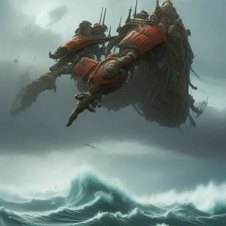 an ibis warrior in orange and green full battle armor, background of giant crashing ocean waves, a highly detailed illustration, realistic render, 8 k, micro detail, intricate, elegant, centered, digital painting, smooth, sharp focus, illustration, artgerm, tomasz alen kopera, peter mohrbacher, donato giancola, joseph christian leyendecker, wlop, boris vallejo