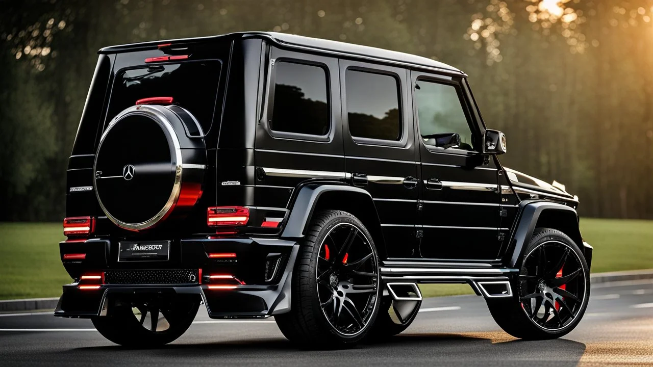 A (((G-Wagon Black))) featuring a luxurious interior, advanced technologies, and a sleek body kit designed by MANSORY, front cinematic view on road in morning, ((((desktop wallpaper))))