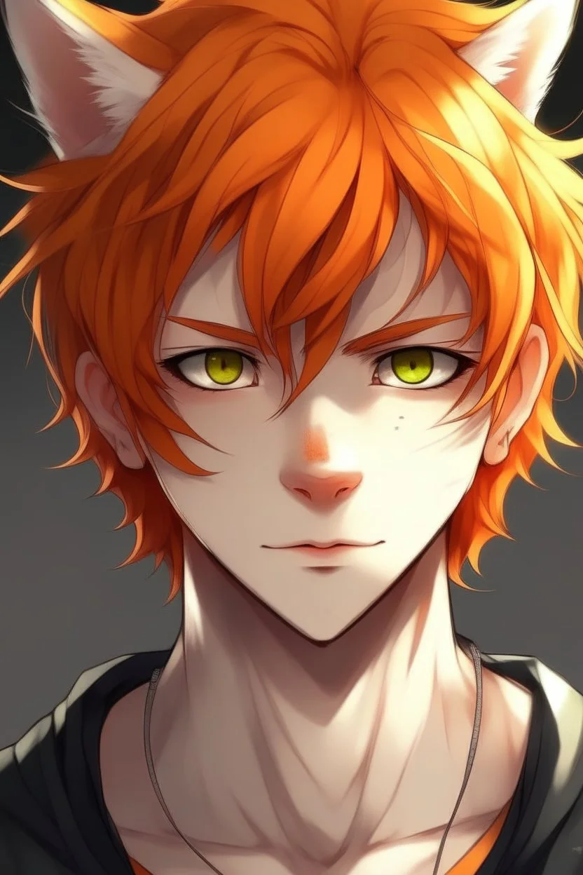 A young adult male human, cat ears, orange messy hair anime realistic tiger stripes