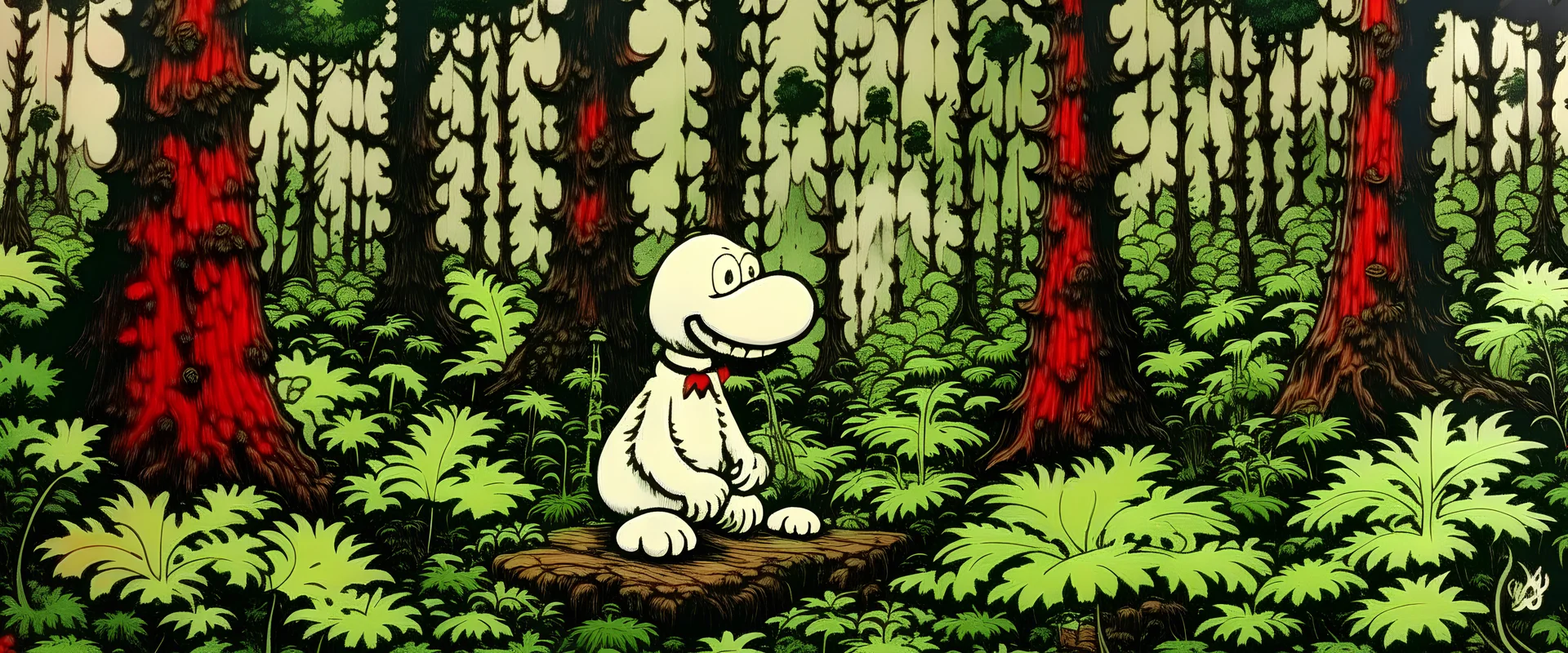 woodland forest with snoopy smoking a marijuana cigarette, high detail