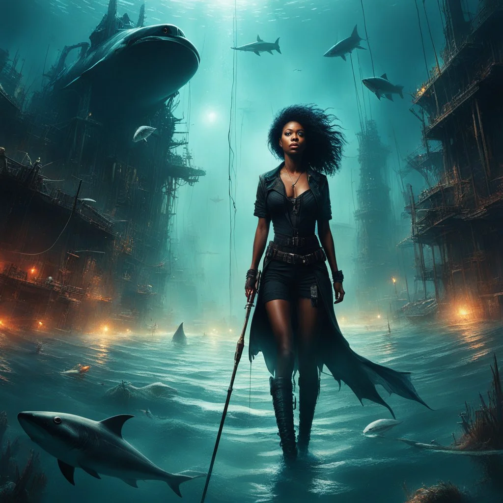 SHARON WHITE a fishing rod in hand, stands in murky waters of a post-apocalyptic underwater city. surreal scene , dreamlike, metropolis submerged in chaos , blood and danger. in the sunsets she stands with a fierce sense of power, surrounded by circling sharks. The sharks' teeth moving in the light, add to the tension. weirder the better. Bigger monsters. Stronger hero