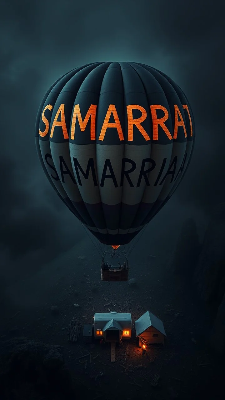 A top view of a campers around a back view of an air balloon written on it the word “ SAMARRAI “ over surrealism of the dark of a nightmare one miles high and six foot deep, hyper photorealistic, hyper detailed dark art color, high resolution, fog, octane render, tilt shift, HDRI Environment, all pictures dark gray