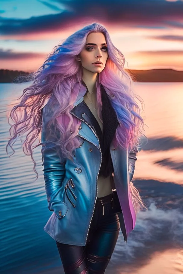 half body shot,realistic portrait of a 20-25 old caucasian model, long blue pink flowing hair, great grey eyes, blue leather jacket,full body, short white skirt,long legs,standing at beach of very nive lake with sunset ,clouds,godrayes