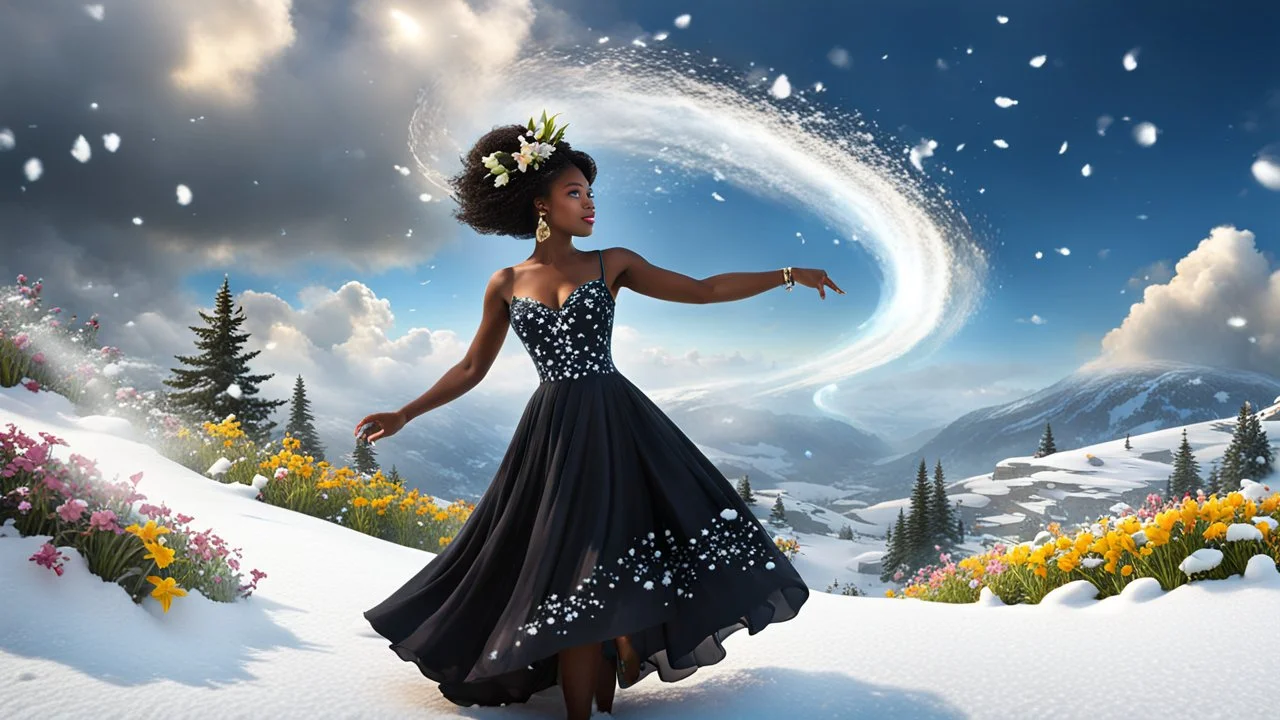 The camera zooms in, focusing sharply on very beautiful black godus girl with make up Lily wearing pretty dress as she dances gracefully in the same romantic environment with flowers and sky with nice clouds. Her joy and youth are presented against the backdrop of the surreal surroundings.a snow covered tree sitting on top of a snow covered slope, detailed swirling water tornado, national geographic footage, inspired by Sim Sa-jeong, by Huang Tingjian, still from a 2015 pixar movie, infrared ca