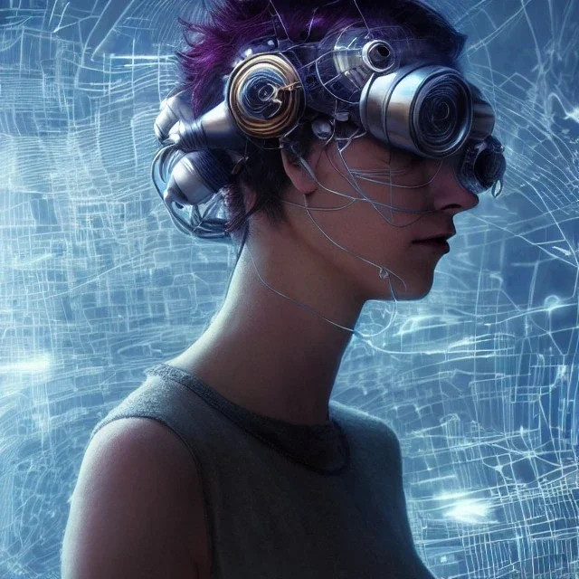 large cinema screen with tangled wires to cyberpunk futuristic helmet and goggles on woman's head and face, 8k resolution, high-quality, fine-detail, intricate, digital art, detailed matte, volumetric lighting, baroque, illustration, octane render, brian froud, howard lyon, selina french, George Grie, Ben Goossens, Igor Morski