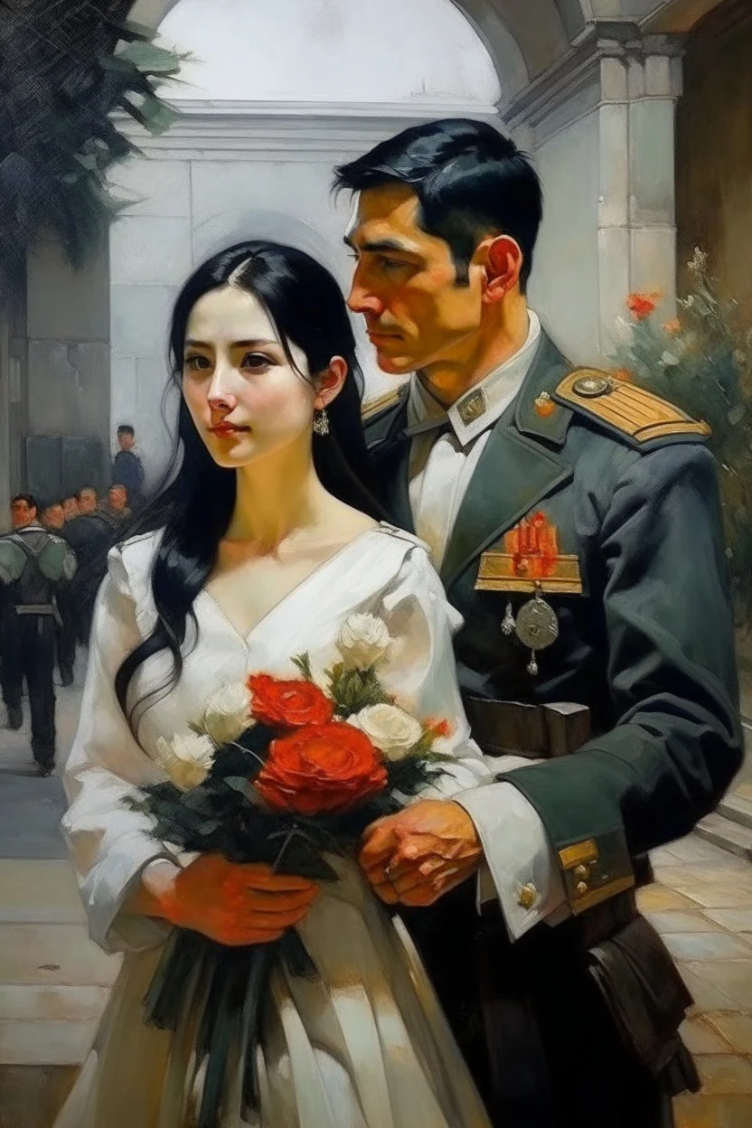 A very handsome soldier with black hair returns from the war and finds in front of him the wedding of his lover Oil painting