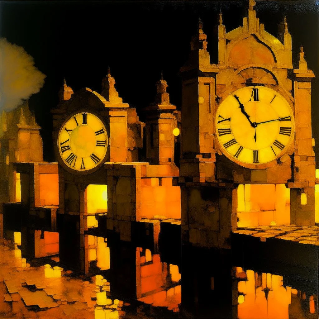 A yellow glowing ruins with clocks in a thunderstorm painted by Piet Mondrian