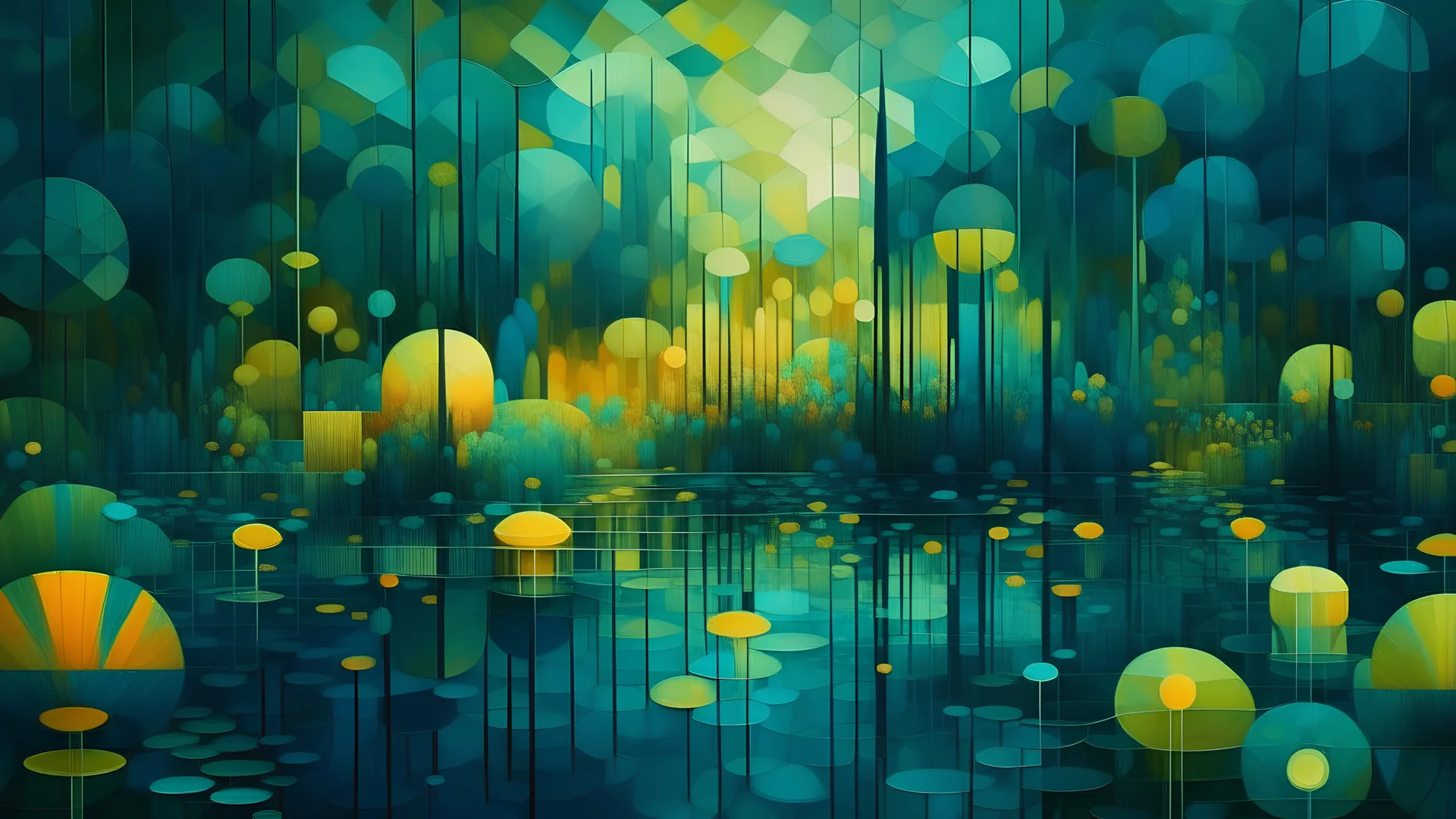 Contemplative, dreamy and ethereal oil painting photo of a technological garden with a lake. Shapes are very geometric, grainy and with a little blur. Colors are dark blue, golden brown and electric green. Light background.