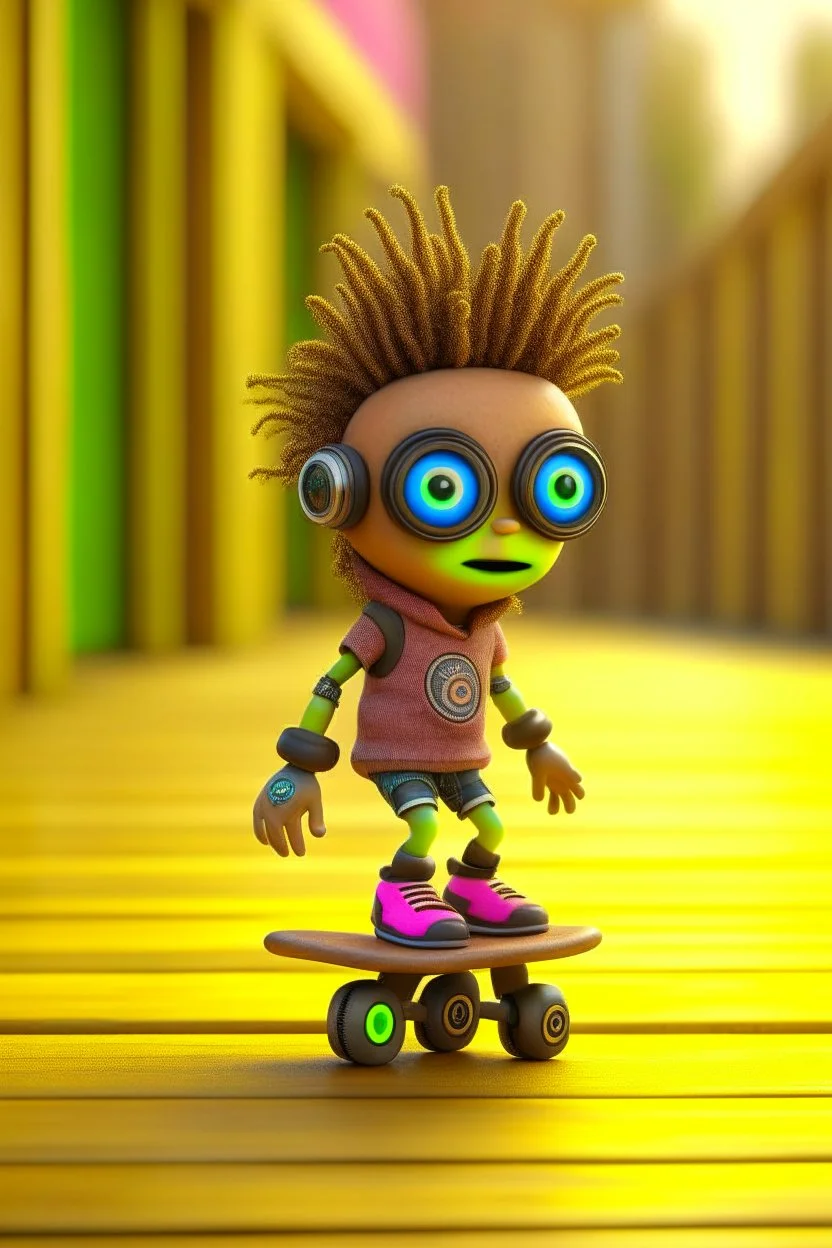 cute adorable hypnotic chat hippie robot with skateboard and punk hair and real human eyes, its such a perfect day, motion blur, smoke, 8k, downlight, soft light, depth of field, photorealism, trending on art station, lotsa detail