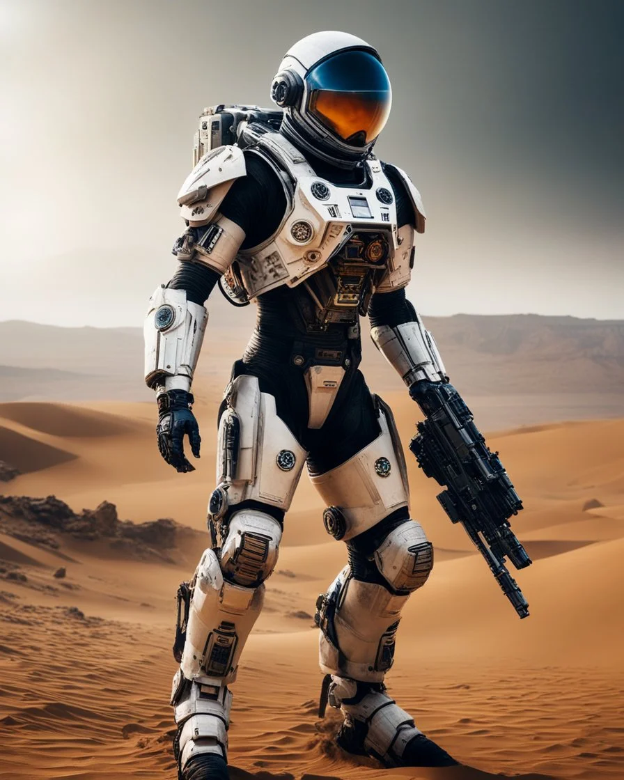 full length photography full body of a futuristic combatan astronauts cyborg with enhanced mechanical, equipped with advanced weaponry next-generation,technology,on dramatic action battlefield on the dune planet mars