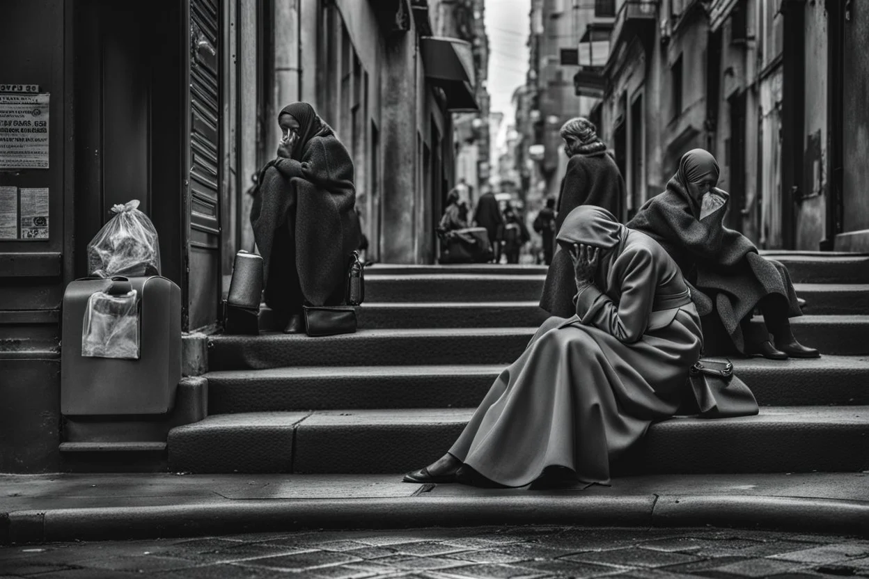 a woman sits with a sad face on the sidewalk on the street and cries, people pass by her, a gray crowd of passers-by comes and goes, human backs rush to work, no one looks at the crying woman, dark colors and shades of gray, depressing, sad, depressed moody picture, everything is grey