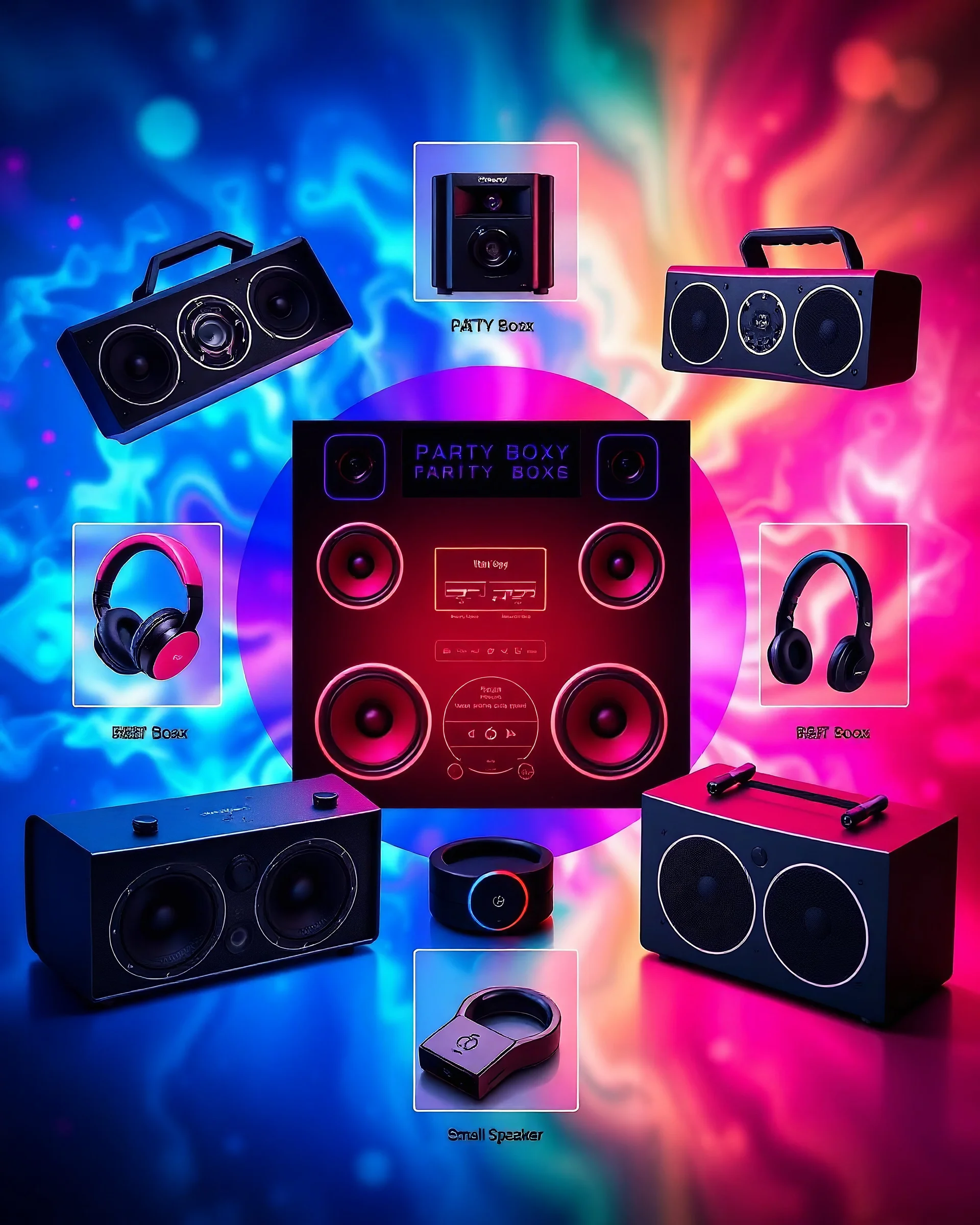 A beautiful design with photos of party speakers, party boxes, famous sound systems, headphones, mobile chargers, and small speakers in the center of the display with a beautiful, unique, psychedelic color theme.