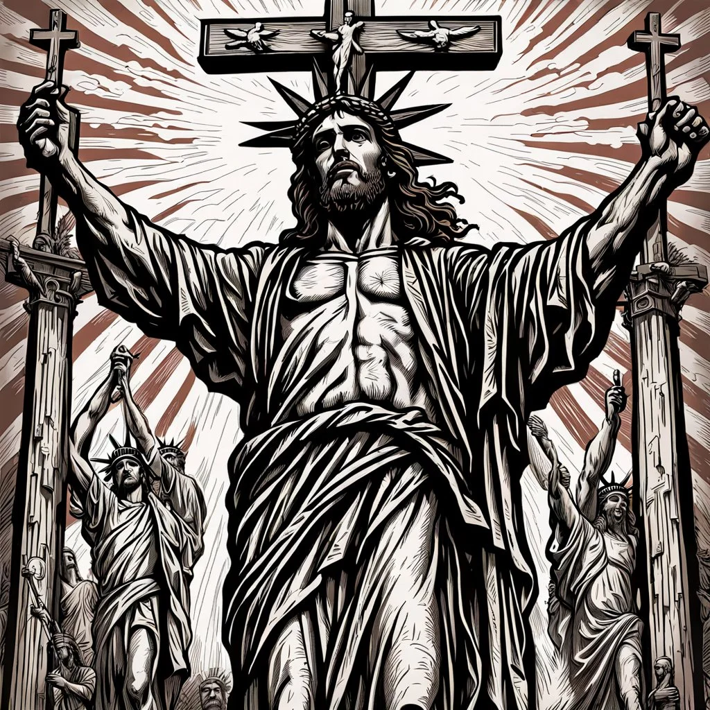 crucified on the cross christ liberty hybrid tone, american flag robes, line tone ,woodcut, engraved, wall street journal style, statue of cruicified Jesus of Liberty with a beard and wearing a cross and hanging from a cross, The statue male, hyperdetailed intricately detailed photoillustration ink drawing dystopian 8k resolution entire body of the statue is in the picture. digital illustration telephoto lens photography , same colors as the us treasury's one dollar bill, crucified"