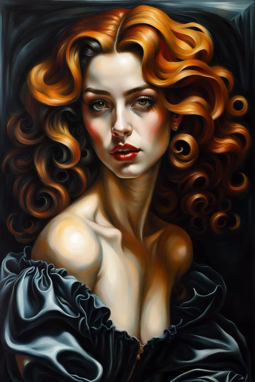 full body oil painting of a modern predatory vampire girl with highly detailed hair and facial features ,in the painting style of Gian Lorenzo Bernini and Johannes Vermeer, with a fine art aesthetic, highly detailed brushstrokes, realistic baroque style