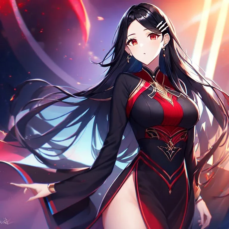 girl, masterpiece, best quality, volumetric lighting, dynamic pose, detailed outfit, perfect eyes, long hair, black hair, vibrant red eyes, hairclip, earrings,