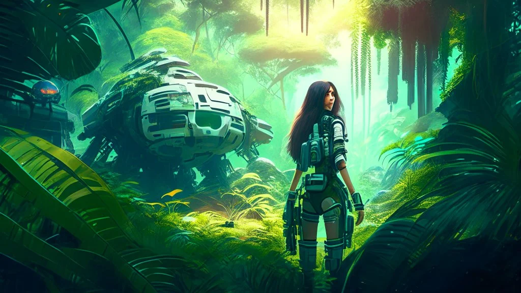 Wide-angle, woman with straight hair, dressed like a robot, with equipment in her hands, next to a crashed spaceship, in a clearing on an alien jungle world