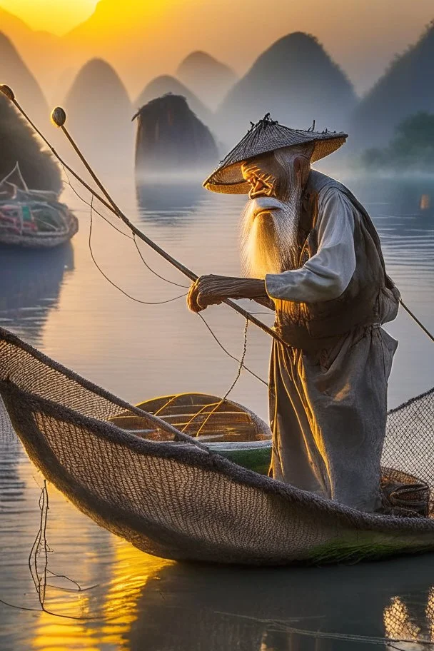 Old fisherman netting the fish on boat at guilin China at morning sunrise