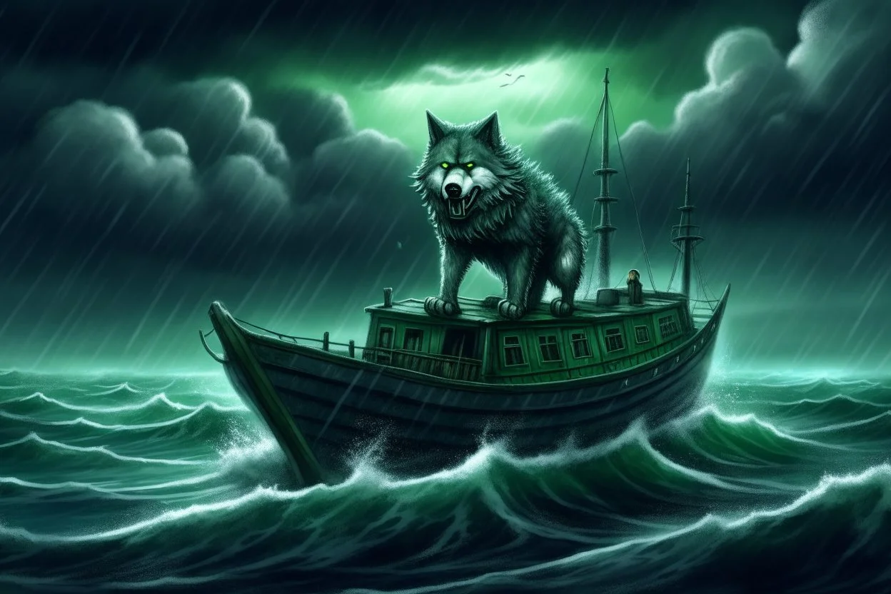 A giant lumbering grey wolf attacks a tiny boat in a stormy sea, a dark, ominous image, black, turquoise (a little closer to green) and white colours, rain, wind, lightning, dynamic, surreal. And a cat. Definitely a cat.