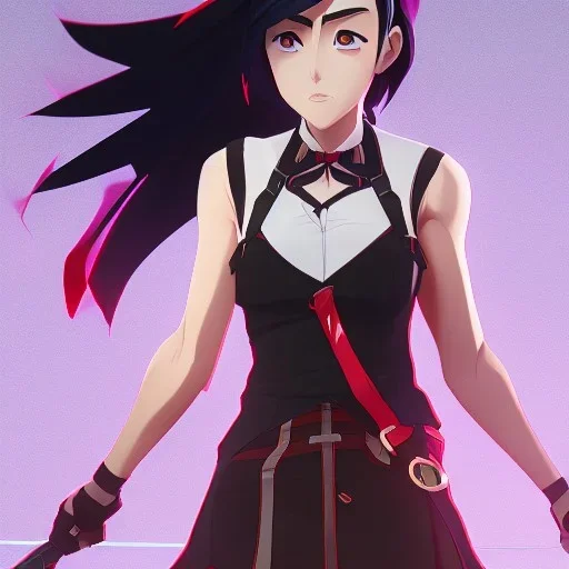 Ryuko Matoi,black skirt,black crop top,suspenders,red tie,red ahoge,