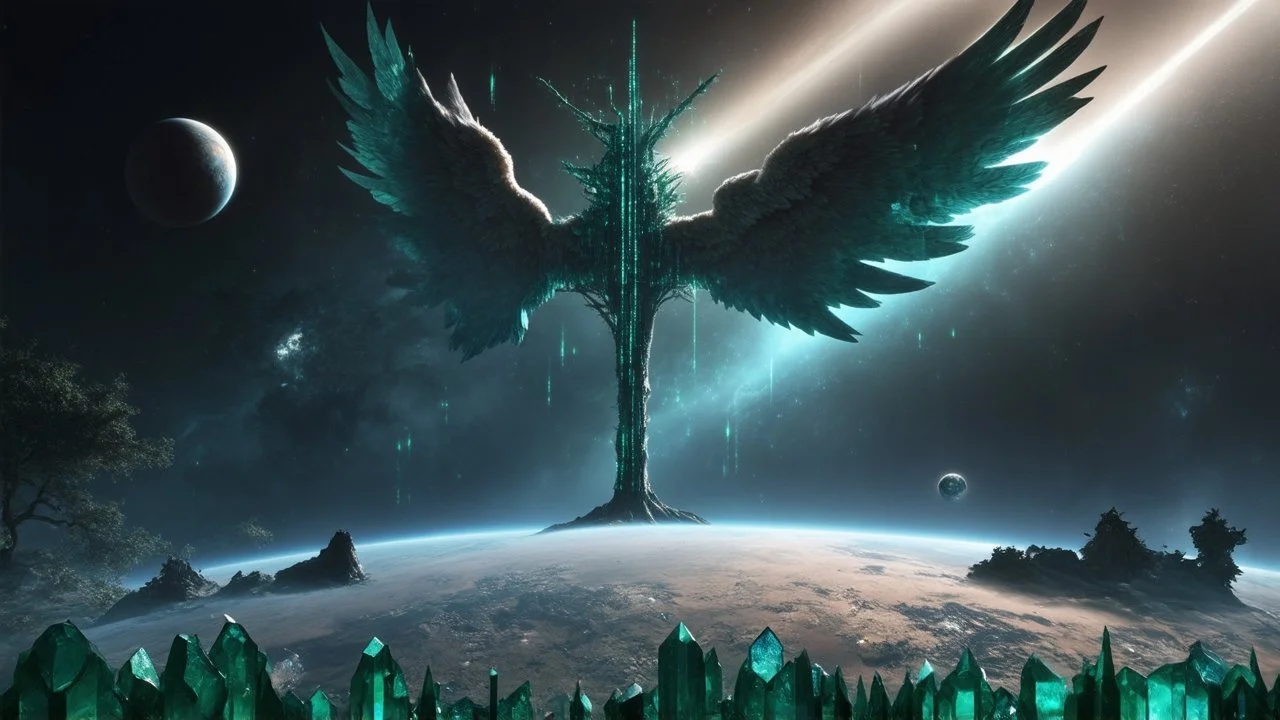 matrix universe, space, planets, god creation, angels from other dimensions with beautiful wings, trees on the planet, behind green crystals of light, command conquer tiberium deposits on the planet near tree,