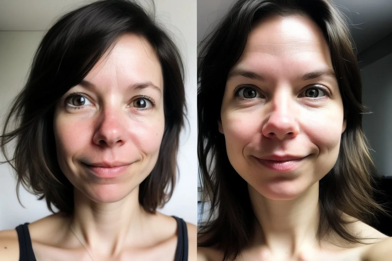 A selfie of a brunette woman, middle short hair, showing a 27-year-old European woman. She has white skin, tousled brown hair, face without makeup, big round dark brown eyes, cute profiled nose, detailed full lips, skin texture. Split screen and show the same face but 15 years older