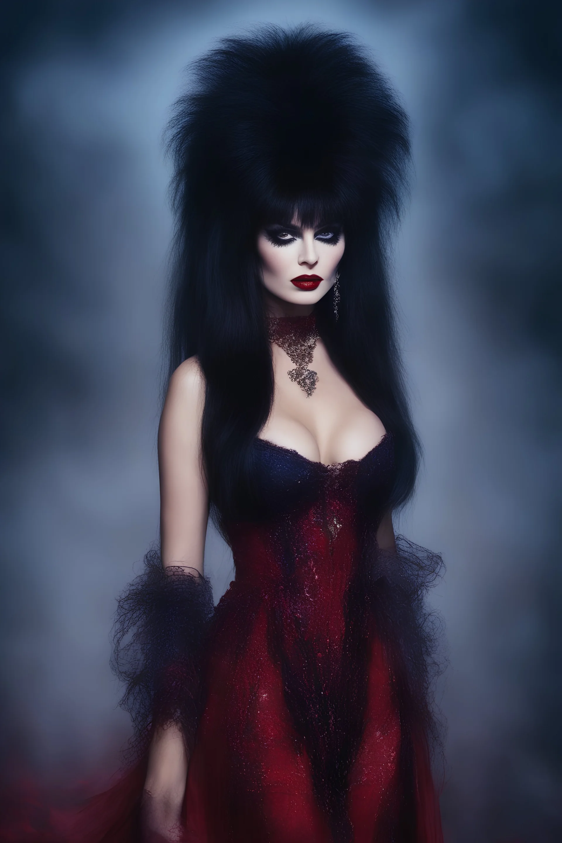 full body portrait - Elvira, Mistress of the dark - 32k, UHD, 1080p, 8 x 10, glossy professional quality digital photograph - dark blue and dark red, and light maroon and purple and foggy black gradated background, historic, powerful, octane rendering, exquisite detail, 30 - megapixel, 4k, 85 - mm - lens, sharp - focus, intricately - detailed, long exposure time, f8, ISO 100, shutter - speed 1125, diffuse - back - lighting, ((skin details, high detailed skin texture)), (((perfect face))),