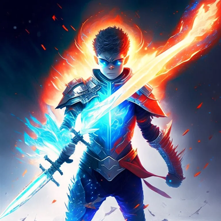 A superhero boy with infinite power and technology from the galactic race, with a double-edged sword of fire and ice.