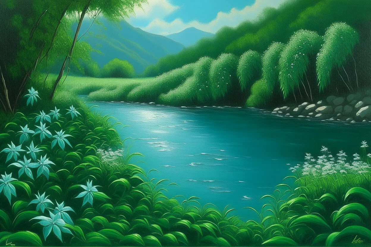 A bluish green river with lilies painted by Frank Wilson