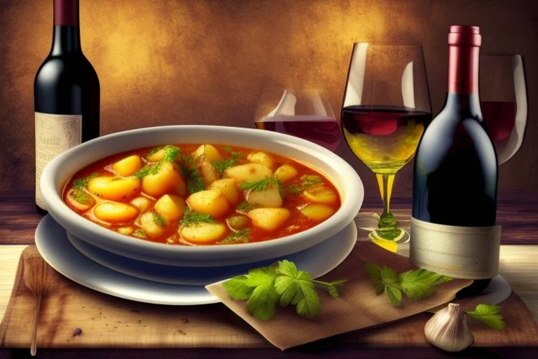 a good garlic Brasov stew with potatoes and a glass of chilled wine