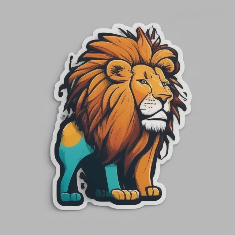 A sticker design in a minimalistic style featuring a caricature lion in vivid colors. The subject is presented alone on a neutral background.