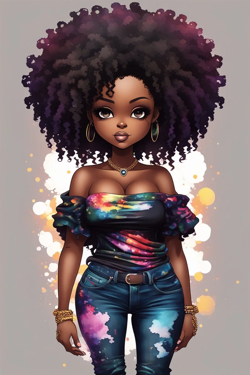 create a colorful abstract silhouette art image 8k of a chibi curvy black female wearing torn jeans pants and a black tie dye off the shoulder blouse. Prominent make up with hazel eyes. Highly detailed long tight curly afro in a hair wrap.