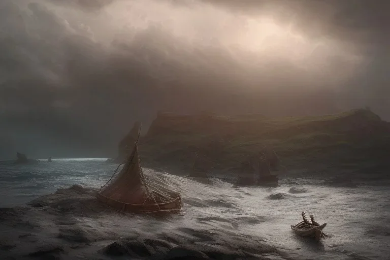 Small viking longboat shipwrecked at a pebbled cliffside, fantasy, mystical, lightshafts, storm in the distance