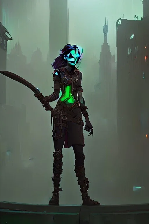 dystopian city, goblin, green skin, holding axe, steampunk style