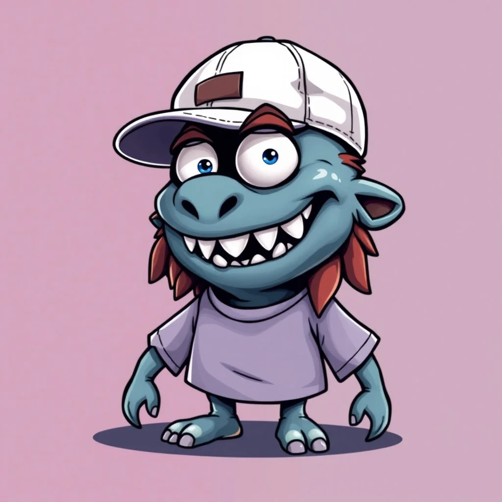 cartoon monster wearing a ballcap and T-shirt on solid color background