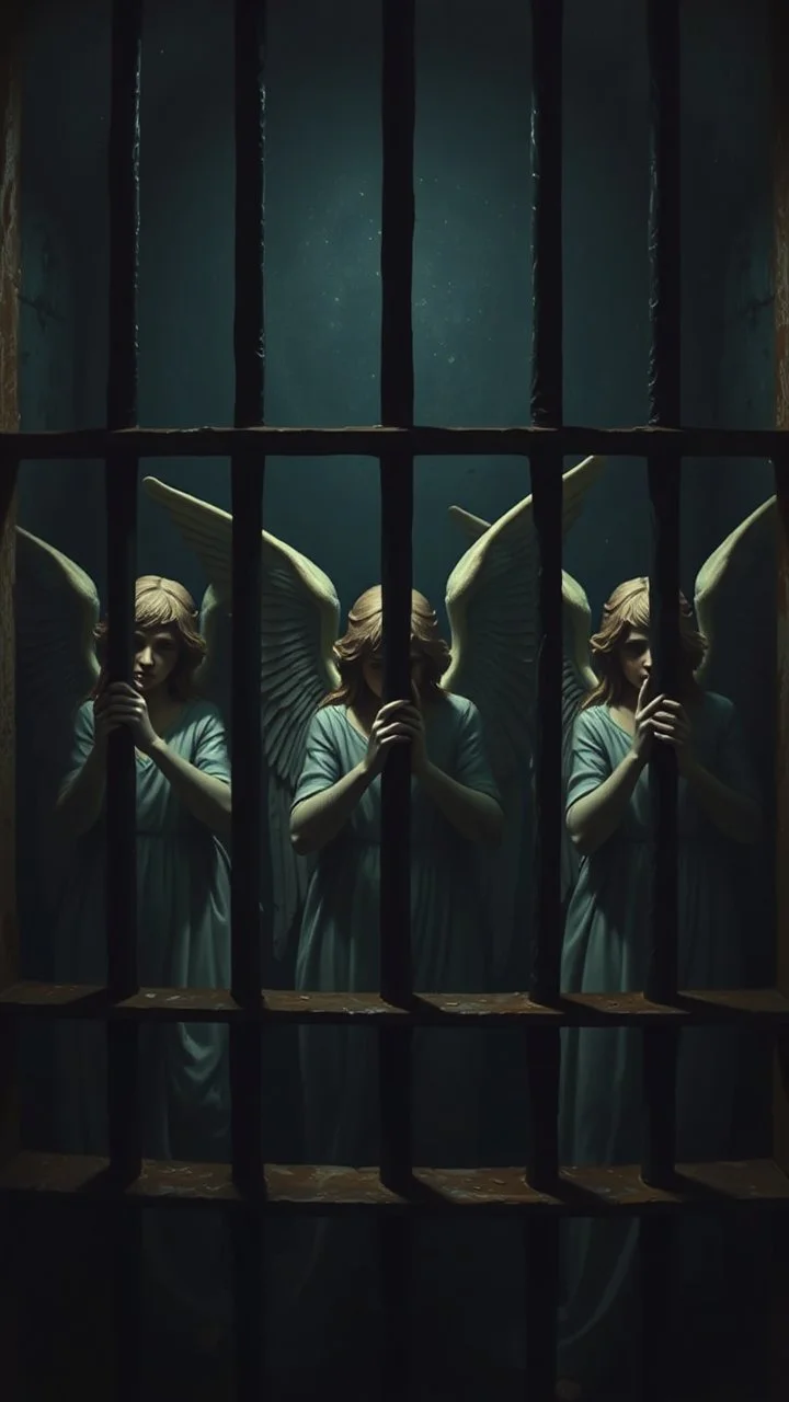 Bosch painting style nightmares, three angels locked behind bars , in dark prison environment with dim lights like 1800 prisons .