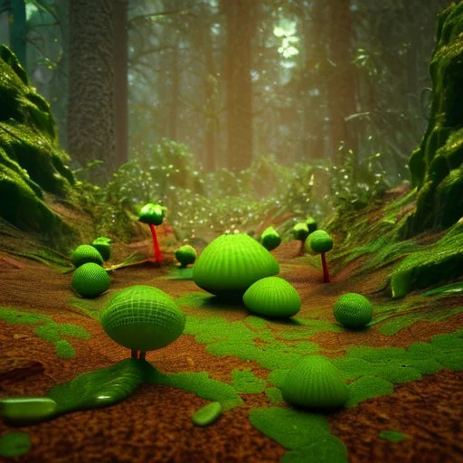 vivid green and red venus flytrap, snapping at shiny gold coins, in a dense forest, focus on the flytrap, 3D art, low poly, tiltshift, 4k, --ar 16:9