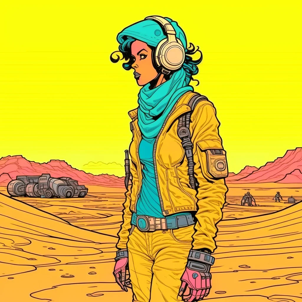 Moebius style scifi pilot girl with headphones and exosuit solid colors with a desert and dusty station in the background