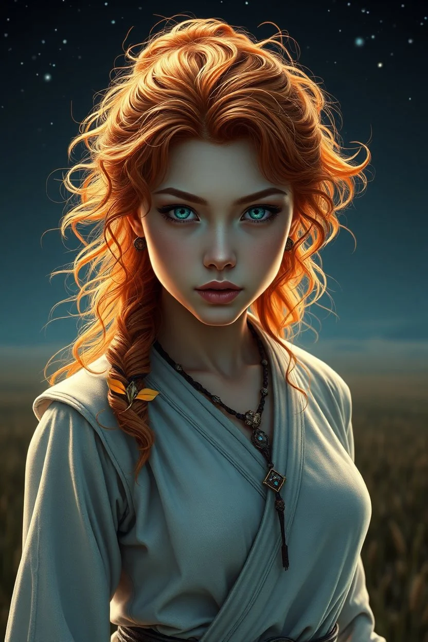 digital art portrait of a beautiful young female fighter, pastel style, fantasy, long messy curly ginger hair, pale blue eyes, fierce, dressed in light reveaing asian fighter outfit, ornaments, choker, standing in fields, night-time, stars, realistic, sexy, cinematic lighting, highly detailed face, very high resolution, centered, looking at the camera